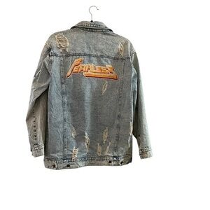 HONEY PUNCH distressed oversized denim jacket with FEARLESS patch